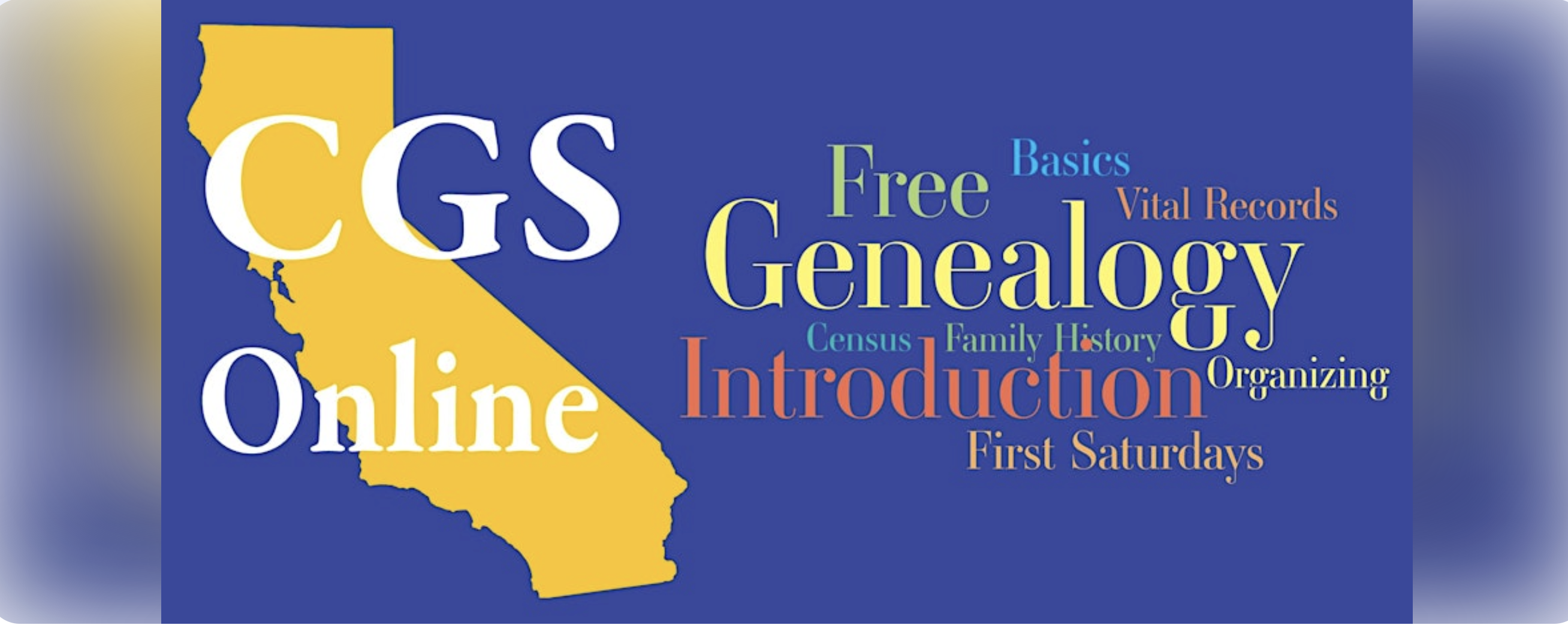 CA state image on blue background with floating words: free, genealogy, introduction, etc.